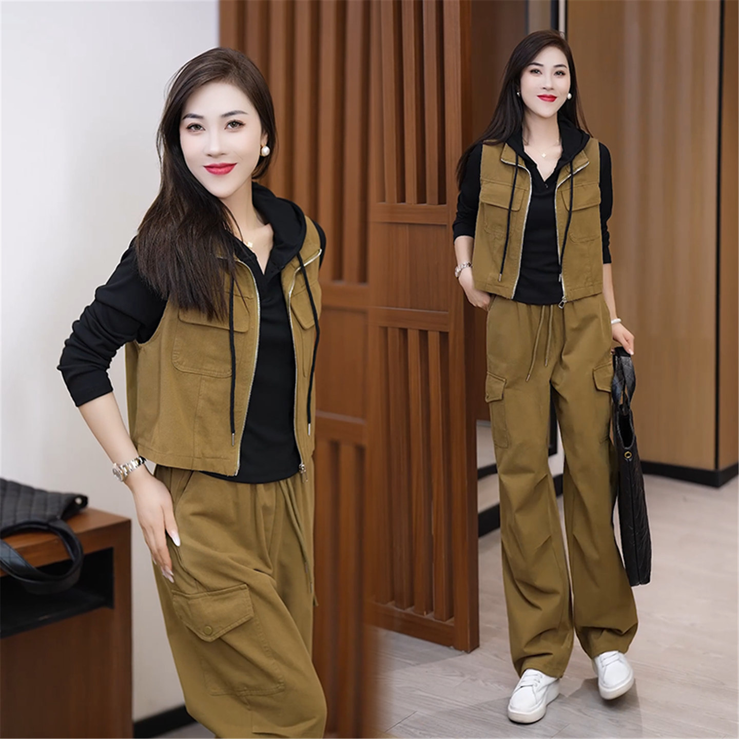 春秋女工装连帽卫衣显瘦三件套装
