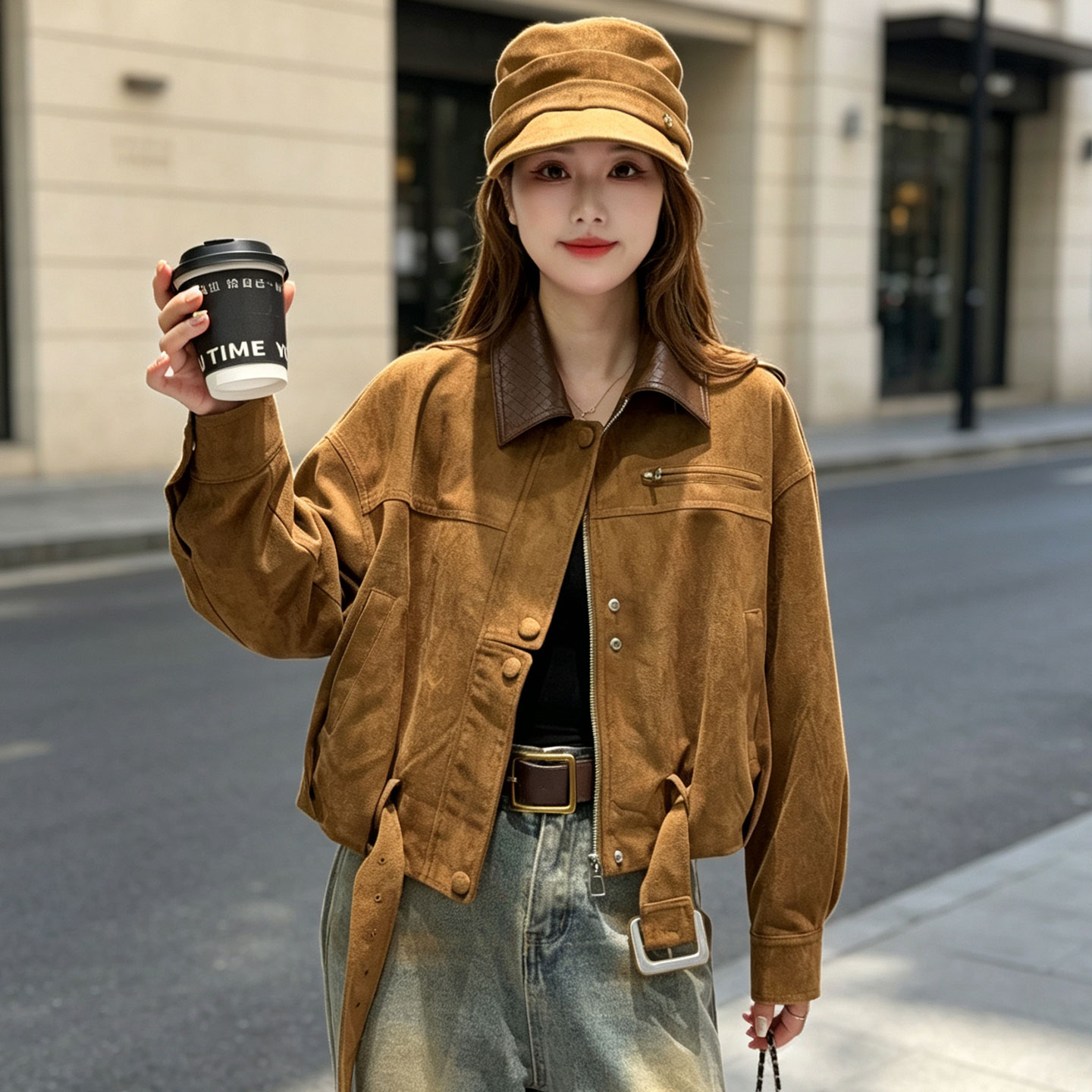 美拉德风麂皮绒翻领短外套夹克女