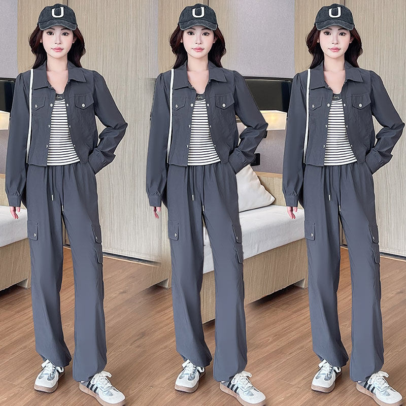 工装风套装女春季时尚短外套背心直筒工装裤洋气减龄显瘦三件套装