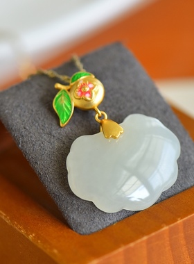 新款s925银镶和田玉如意锁时尚玉吊坠女士玉坠青白玉挂件玉石玉佩