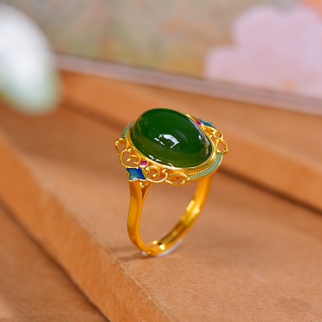 真品和田玉碧玉s925银镶嵌蛋面珐琅戒指女士菠菜绿玉戒指玉石玉器