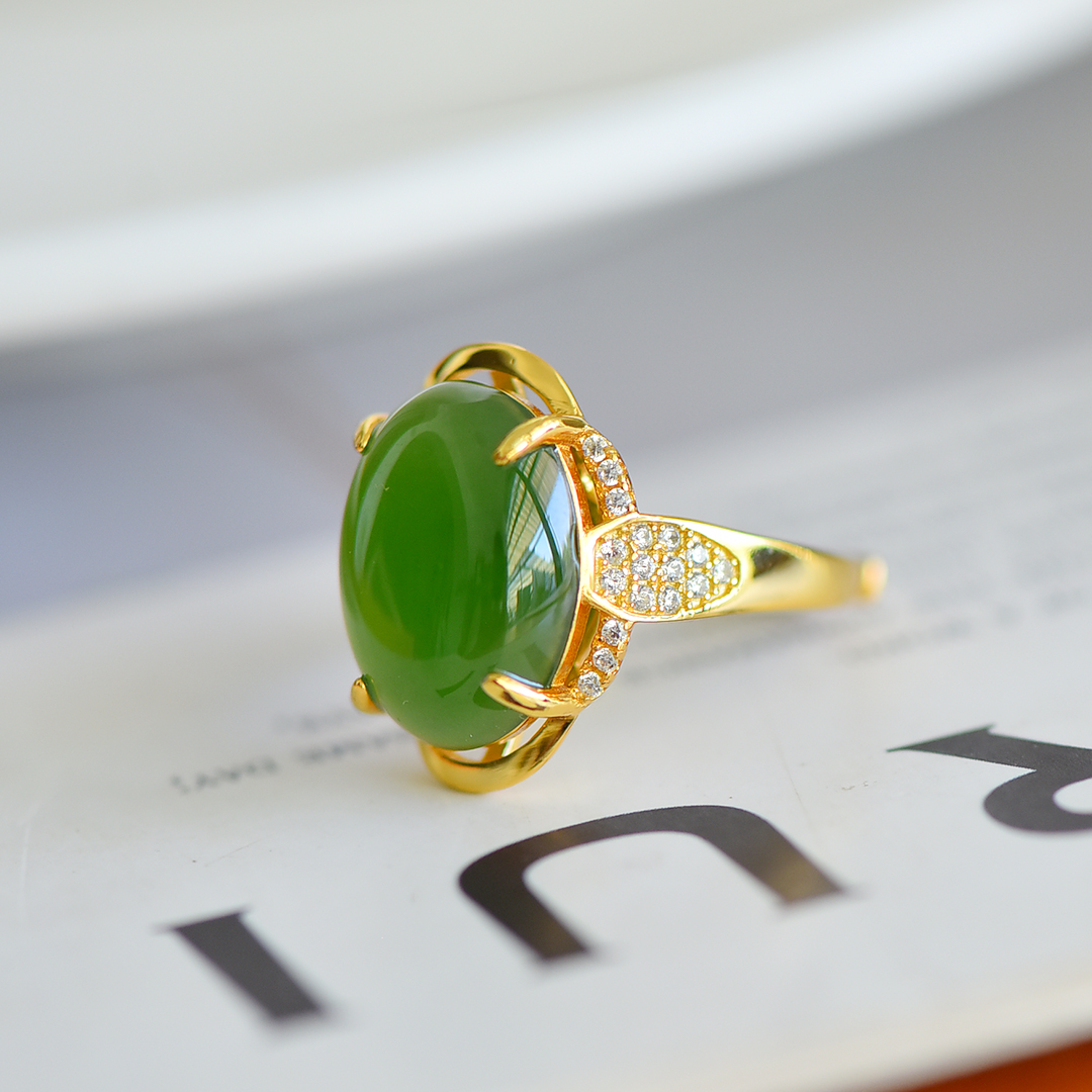 真品和田玉碧玉s925银镶蛋面戒指菠菜绿玉石戒指开口戒女士玉指环