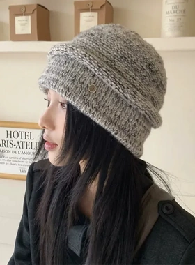 秋冬复古混色毛线针织帽慵懒风时尚保暖冷帽男女同款护耳防寒帽子