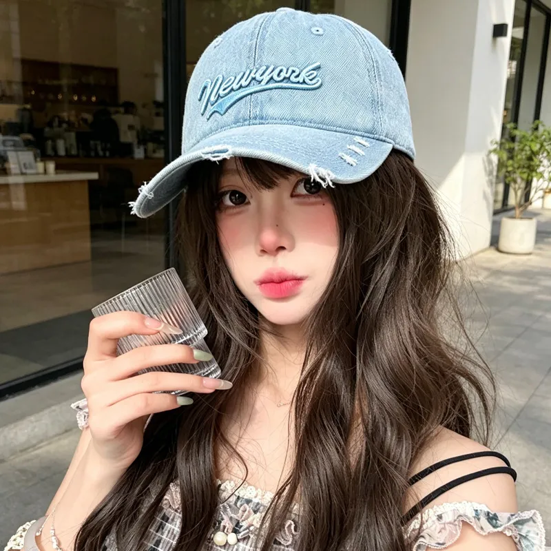 时尚复古做旧刺绣字母棒球帽个性潮流破洞鸭舌帽男女同款遮阳帽子