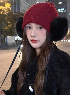 秋冬季保暖防寒毛球雷锋帽百搭护耳绑带针织毛绒毛线帽女款帽子