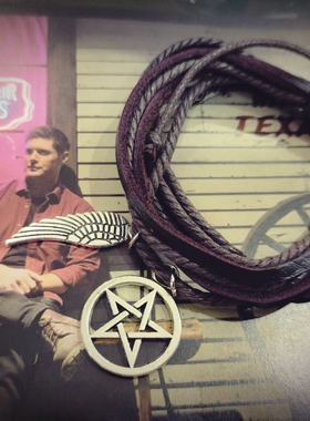 邪恶力量元素手链 SPN五芒星天使翅膀做旧牛皮绳手环欧美影视周边