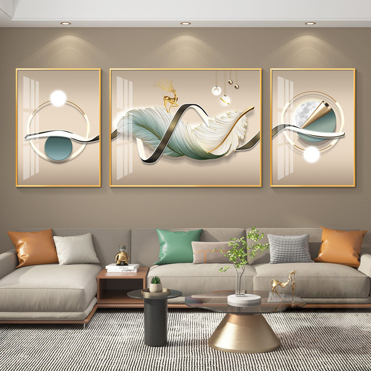 金鹿幻羽轻奢客厅三联画简约大气沙发背景墙装饰画寓意好墙壁挂画