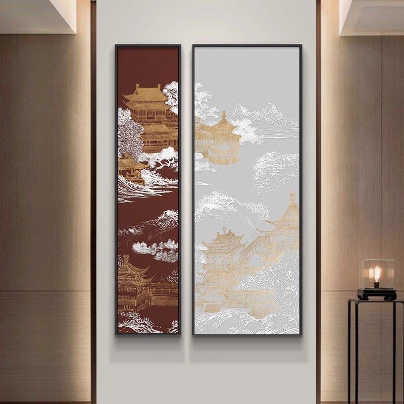 新中式玄关装饰画 画客厅入户背景墙挂画 画正对门山水画 画走廊