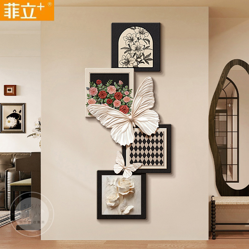 法式中古风入户玄关装饰画蝴蝶壁灯客厅挂画走廊过道壁画墙面扣板图片