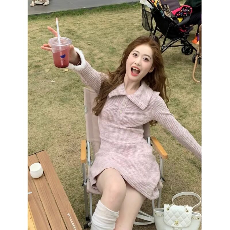 粉紫色Polo领皱褶设计感收腰显瘦连衣裙女秋季内搭长袖毛边打底裙