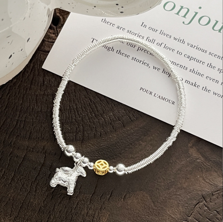 s925通体纯银小马元宝钱币银圈手链女简约新中式国风设计百搭手镯,饰品/流行首饰/时尚饰品新,银饰手链,淘宝优惠券,粉丝福利购,淘宝优惠卷