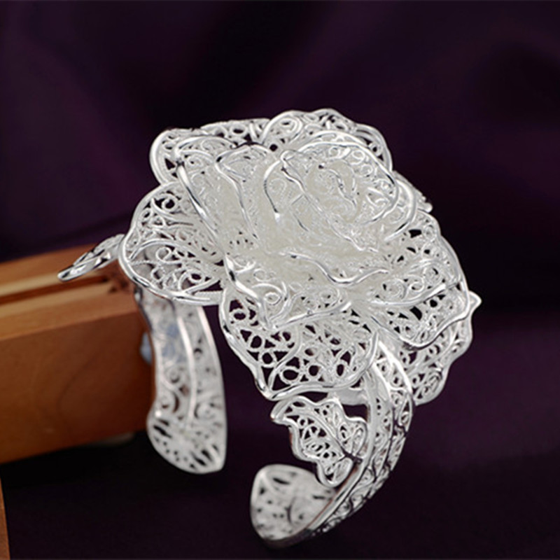 990纯银手镯女开口民族风个性玫瑰花银镯子送女友老婆纯银饰品