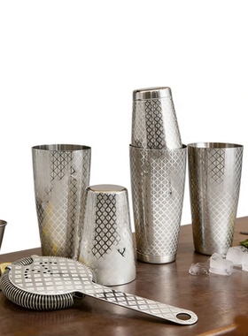 Naranja不锈钢刻花波士顿调酒器网格纹摇酒壶量酒器吧勺滤冰器