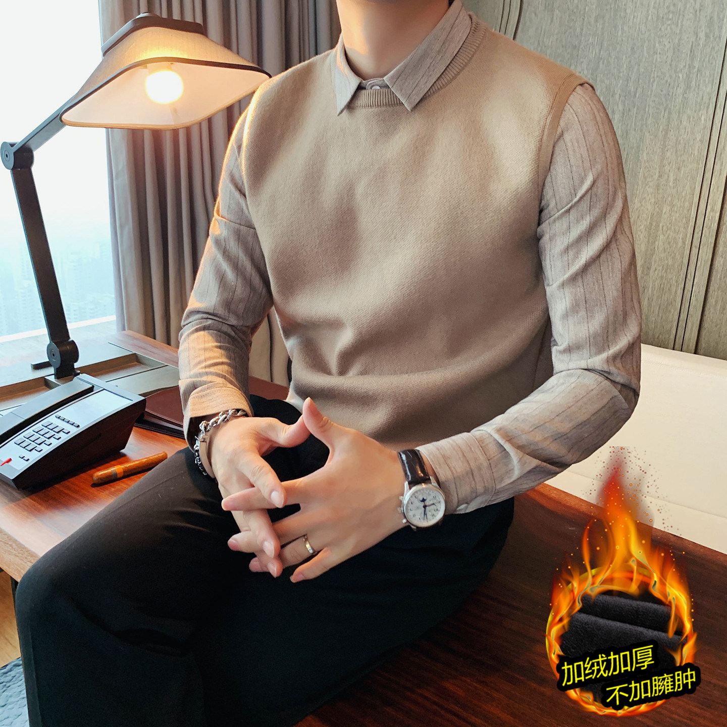 男士假两件衬衫领高级感毛衣秋冬季韩版刺绣修身加绒条纹针织衫潮