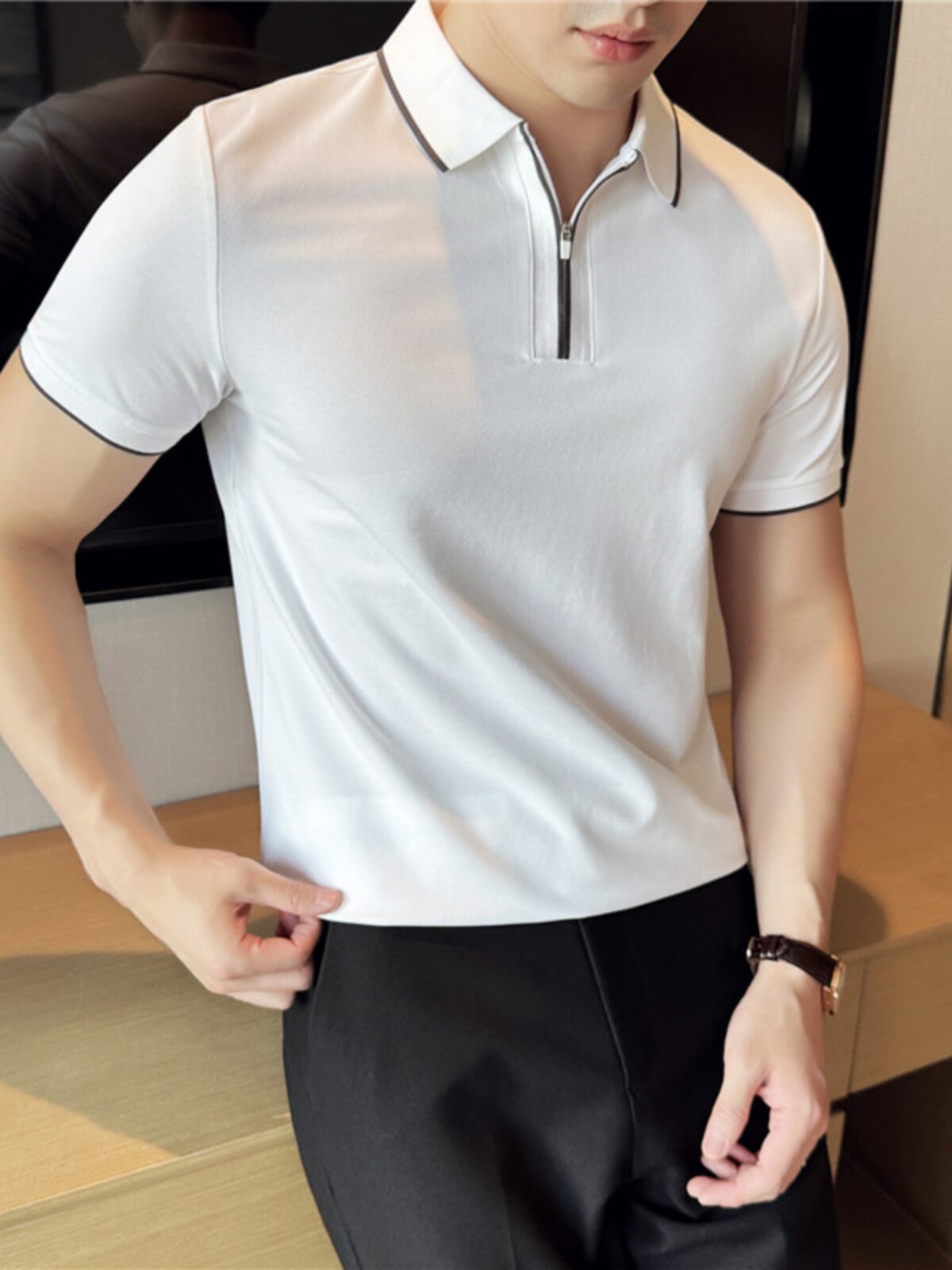 LIGHTWEIGHT BREATHABLE ICE SILK T-SHIRT MENS SUMMER THIN SLIM HALF-ZIP STRETCH SHORT-SLEEVED POLO SHIRT LAPEL PAUL SHIRT