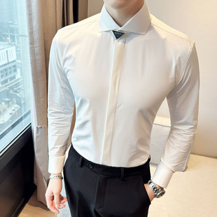 修身 男 免烫白色正装 长袖 温莎一字领新郎韩版 衬衫 衬衣青年衬衫 男士