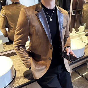加厚条纹丝绒西装 西服外套修身 外套皮领拼接男士 高级感麂皮绒西装