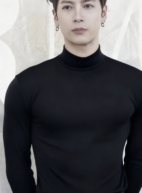 王嘉尔同款黑色半高领长袖T恤男秋冬加绒打底衫弹力修身黑色内搭