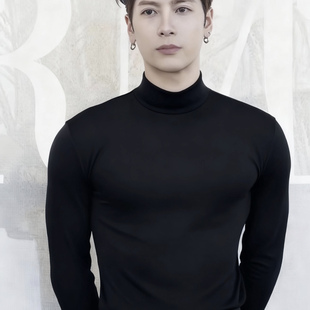 弹力修身 T恤男秋冬内搭加绒打底衫 上衣 黑色半高领长袖 王嘉尔同款
