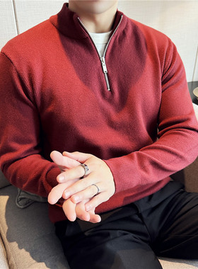 秋冬高级感半高领拉链红色针织衫男士修身纯色立领休闲黑色毛衣潮