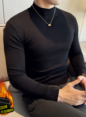 高级感半高领长绒棉T恤黑色修身弹力中领长袖加绒紧身内搭打底衫
