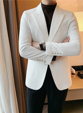 高级感戗驳领西服外套休闲潮流商务套装男士白色西装韩版修身单西