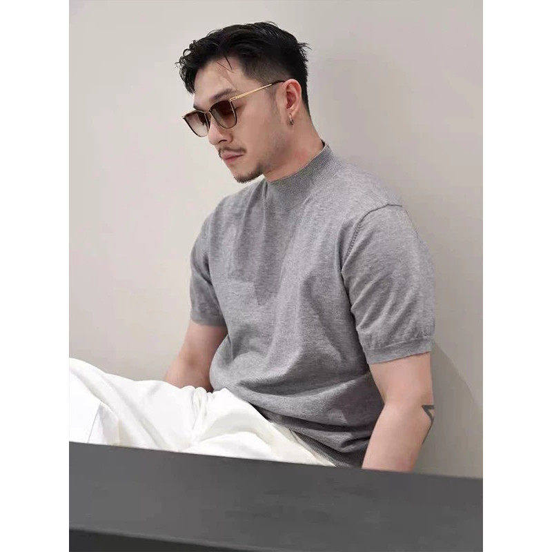 灰色修身弹力针织短袖男老钱风收腰小领口毛衣成熟稳重男装打底衫