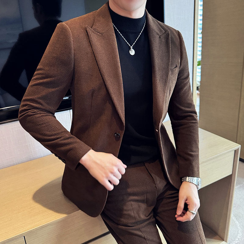 秋冬季加厚高级感灯芯绒条纹休闲西服套装男士商务复古西装两件套