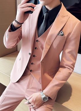 粉红色西服套装男士韩版修身休闲潮流小西装外套帅气新郎结婚礼服