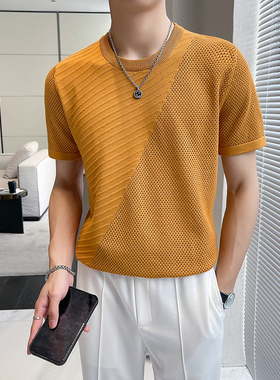 夏季薄款圆领短袖针织衫镂空透气柔软修身圆领t恤男潮流拼接半袖