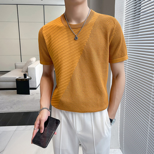 夏季薄款圆领短袖针织衫镂空透气柔软修身圆领t恤男潮流拼接半袖
