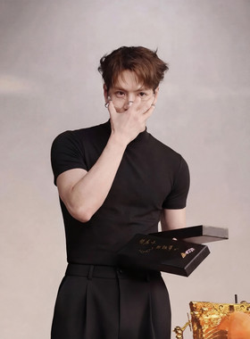 王嘉尔同款打底衫半高领长袖紧身T恤男弹力修身黑色短袖内搭上衣