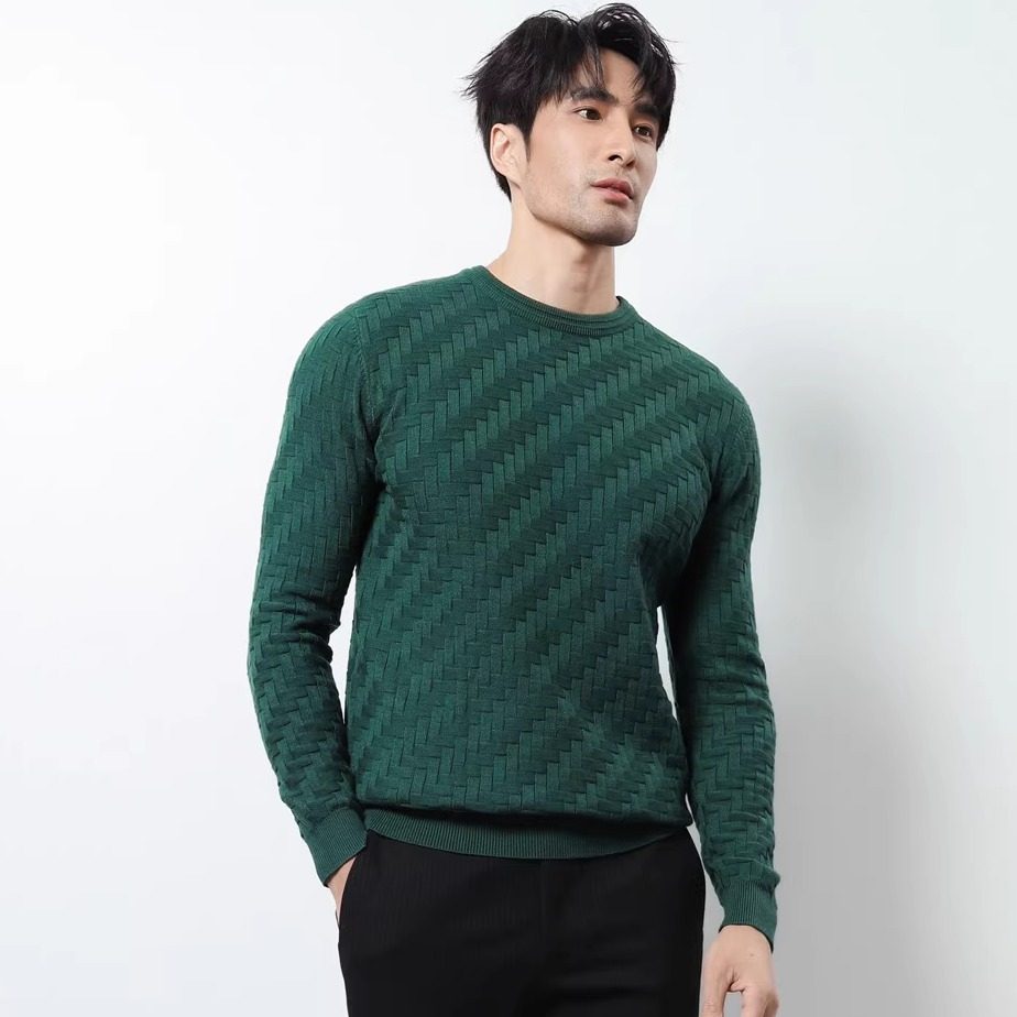 2025秋冬季新款圆领加厚套头针织衫男百搭格子毛衣修身打底长袖潮