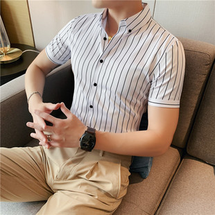 韩版 衬衣男帅 免烫2023夏季 衬衫 修身 短袖 潮流青年帅气条纹短袖 男士
