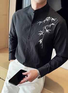 中国风刺绣立领白色衬衫男长袖新中式麻料透气黑色高级感绣花衬衣