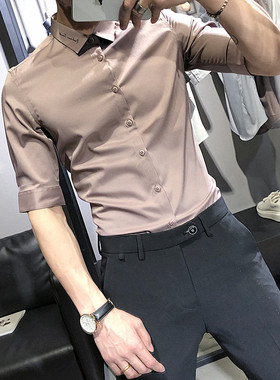 七分袖衬衫男韩版修身潮流帅气中袖夏季薄款网红衬衫冰丝短袖衬衣