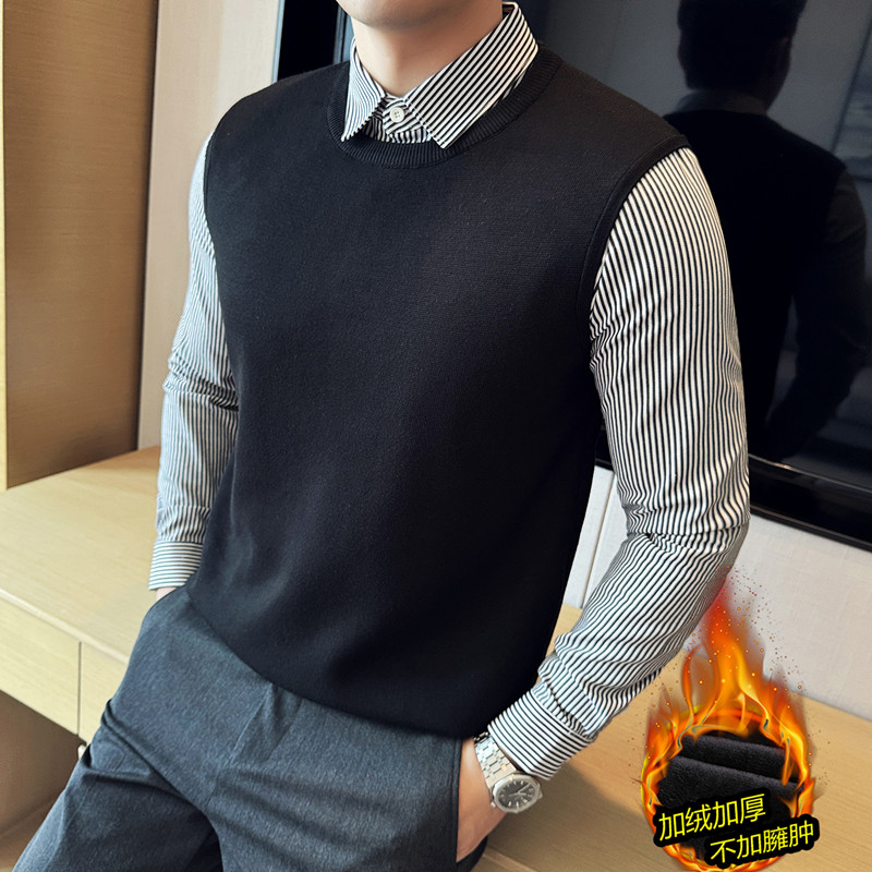 假两件毛衣男款冬季加绒加厚衬衫领针织衫2025新款保暖条纹打底衫