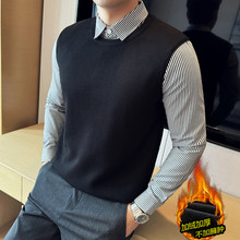 假两件毛衣男款冬季加绒加厚衬衫领针织衫2025新款保暖条纹打底衫