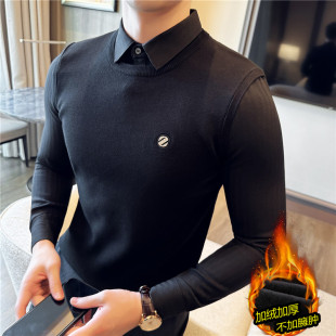 潮 假两件加绒加厚商务休闲条纹带假领针织衫 高级感衬衫 领毛衣男士