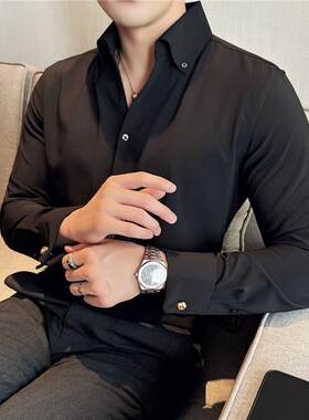 法式衬衫男士长袖修身免烫商务正装新郎伴郎结婚袖扣衬衣职业宴会