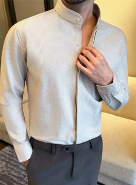 毛呢立领衬衫男士冬天商务内搭加厚保暖衬衣新中式男装高级感磨毛