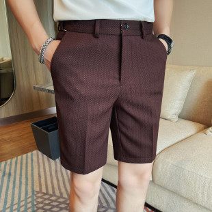男夏季 裤 新款 抗皱五分西装 高端商务休闲百搭时尚 松紧腰华夫格短裤