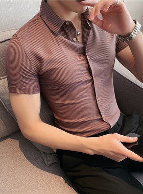 2025新款短袖衬衫男夏季高端条纹男士半袖衬衣休闲商务修身免烫寸