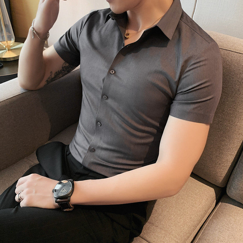 夏季无痕竹纤维短袖衬衫高级感男装薄款衬衣纯色弹力商务半袖寸衣