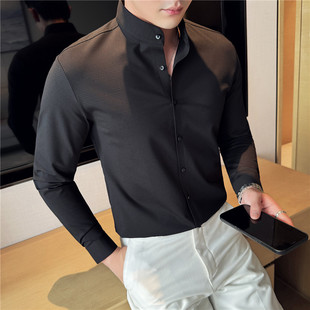 高级感加绒长袖衬衫男商务休闲中华立领弹力无痕免烫中式国风衬衣