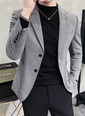 男士质感灰色西服外套春秋韩版潮流休闲上衣短款修身痞帅格子西装