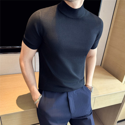 针织毛衣短袖男半高领2025新款t恤内搭男款上衣秋冬季男士打底衫