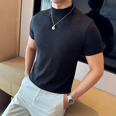 2025新款半高领短袖T恤男高级感撒粉修身中领体恤打底衫春秋新款