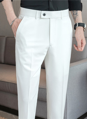 男士白色休闲西裤2025新款九分裤男款夏季薄款冰丝9分西装裤子潮