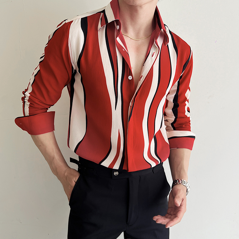 高级感宽条纹长袖花衬衫柔顺泡泡纱时尚痞帅潮男商务休闲免烫衬衣